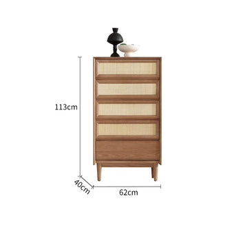 Light Walnut FAS-Grade North American Ash Timber Wood Woven Rattan Five-Drawer Chest
