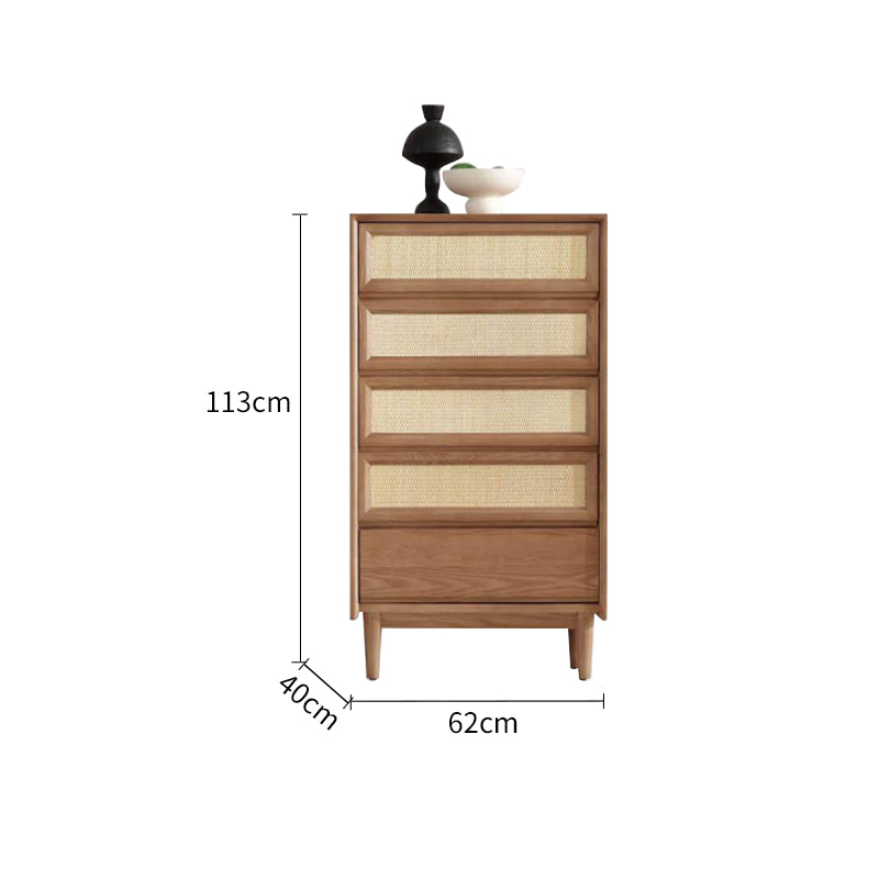 Pre Sale Light walnut-colored ash wood five-drawer chest with woven rattan