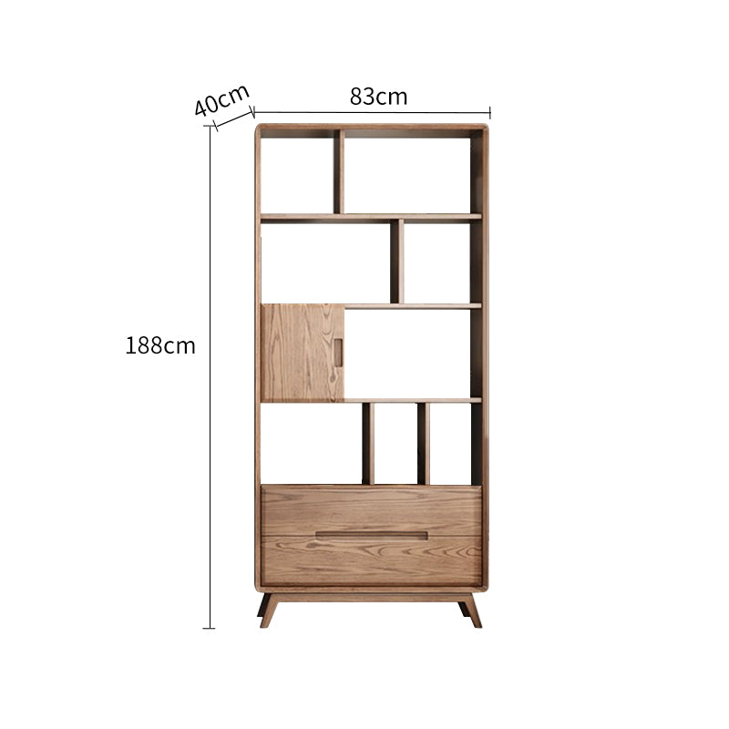 Walnut-Stained Multi-Drawer Ash Wood Bookcase