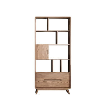 Walnut-Stained Multi-Drawer Ash Wood Bookcase