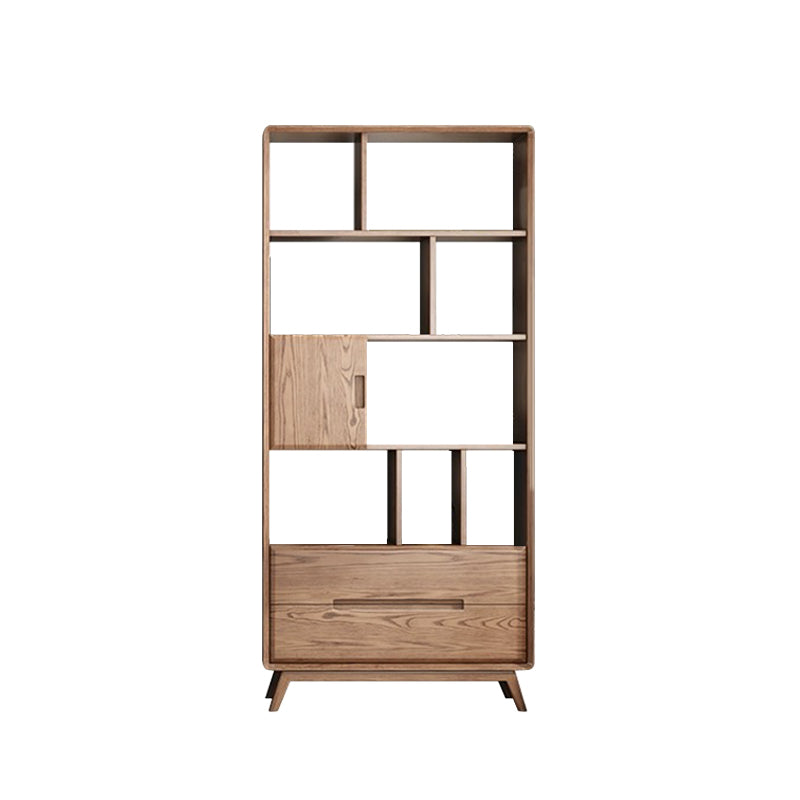 Walnut-Stained Multi-Drawer Ash Wood Bookcase