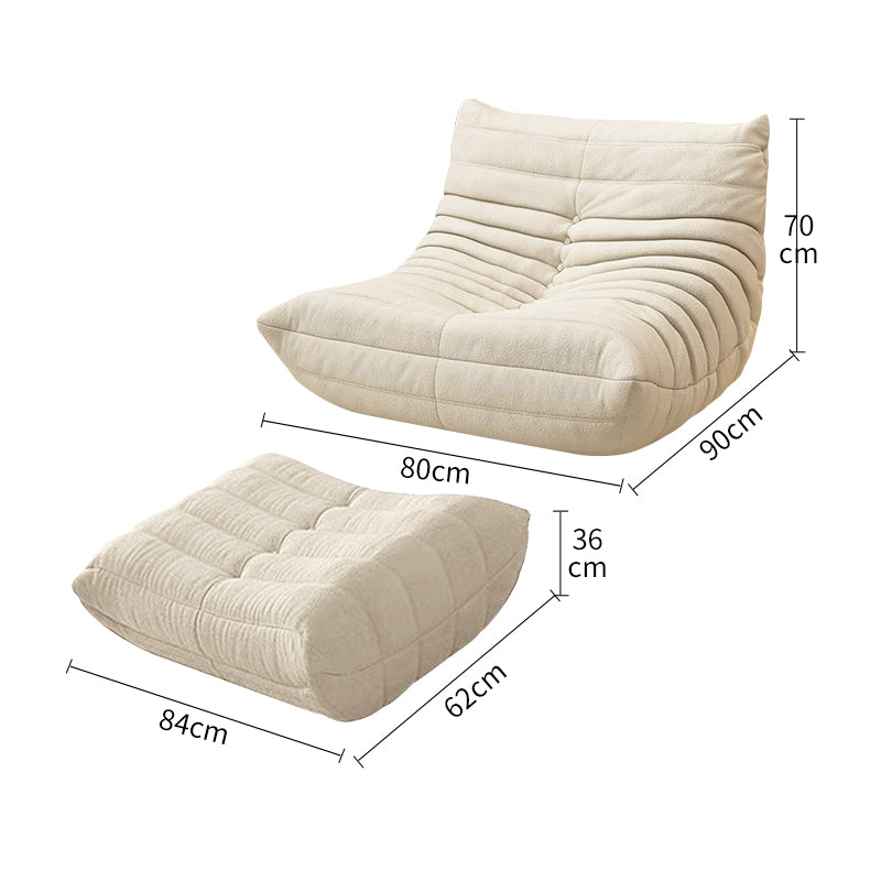 This is a beige lazy sofa with a pleated design, accompanied by a matching footstool of the same style and color.