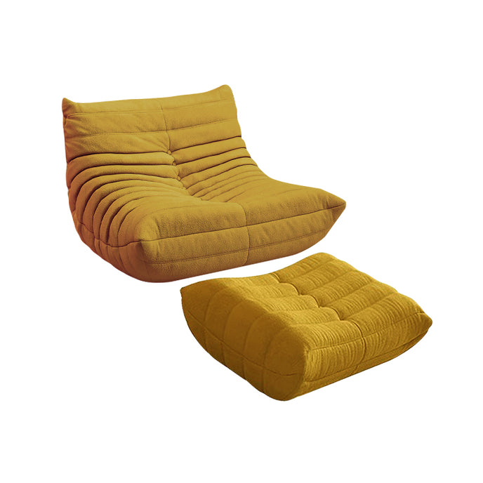 This is a beige lazy sofa with a pleated design, accompanied by a matching footstool of the same style and color.