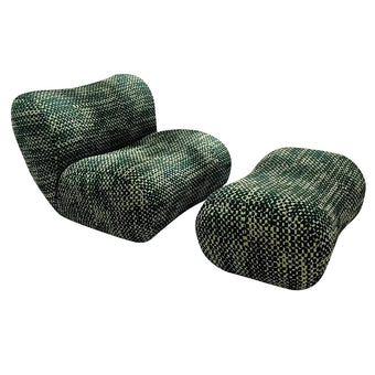 Green Cotton-Linen Molded Foam Bubble Lounge Chair with Ottoman