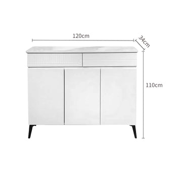 White shoe storage with marble countertop on a white background