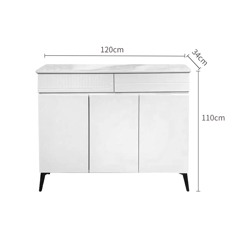 White shoe storage with marble countertop on a white background