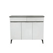 White cabinet with black top on a white background