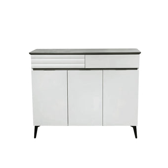 White cabinet with black top on a white background