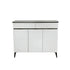 White cabinet with black top on a white background