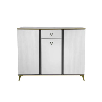 White sideboard with black accents on a white background