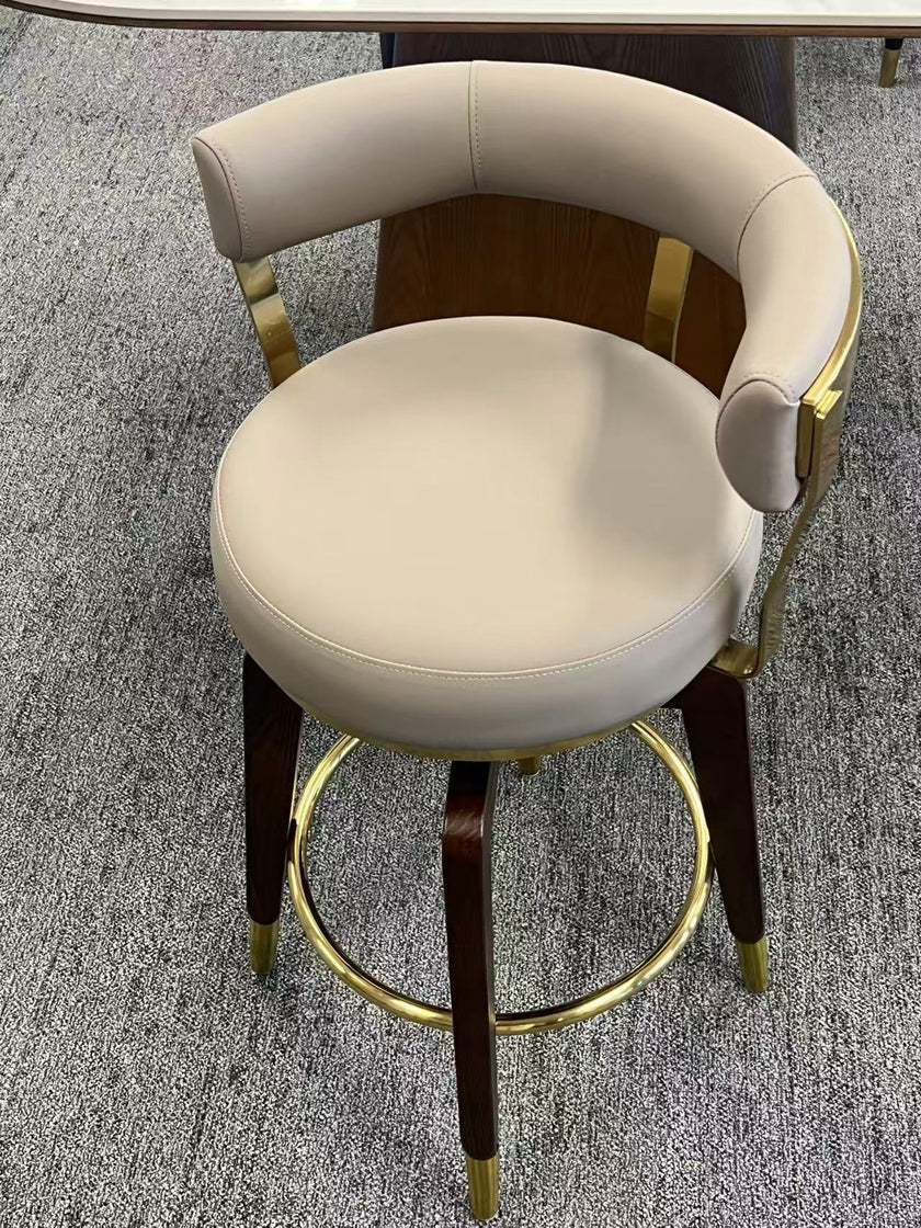 Milk Brown Swivel Bar Stool Faux Leather and Walnut Legs