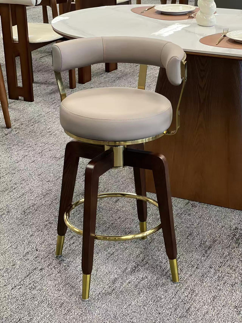 Milk Brown Swivel Bar Stool Faux Leather and Walnut Legs