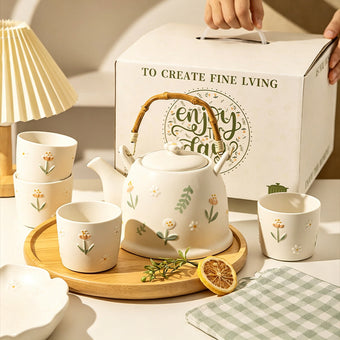 Ceramic Daisy Tea Set – 1 Teapot + 4 Cups