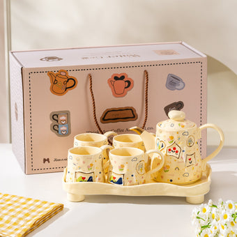 Irregular Cup Body Illustration Cream Yellow 1 Pot 4 Cups 1 Tray