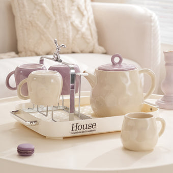 Pre Sale Irregular Cup Body Illustrated Cream Yellow 1 Pot 4 Cups 1 Tray