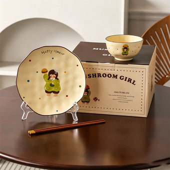 Girl Pattern Tableware Set – 1 Bowl, 1 Plate, 1 Pair of Chopsticks