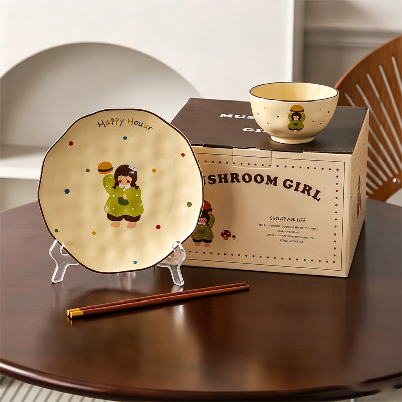 Girl Pattern Tableware Set – 1 Bowl, 1 Plate, 1 Pair of Chopsticks