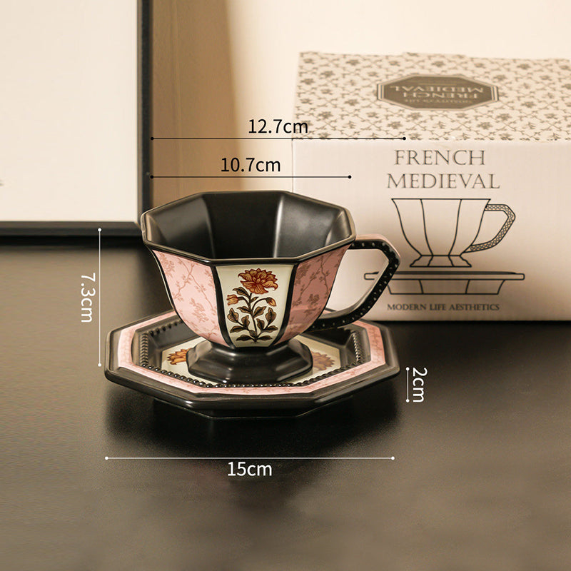 Black Peony Coffee Cup & Saucer Set