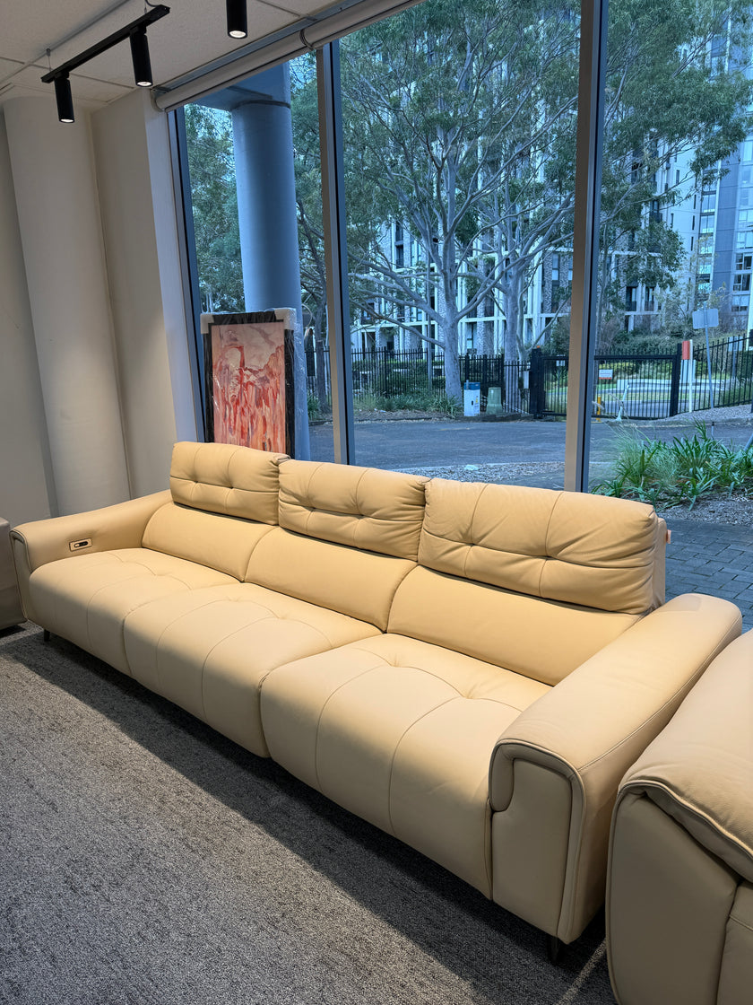 Khaki Genuine Leather Dual-Power Reclining 3-Seater Sofa