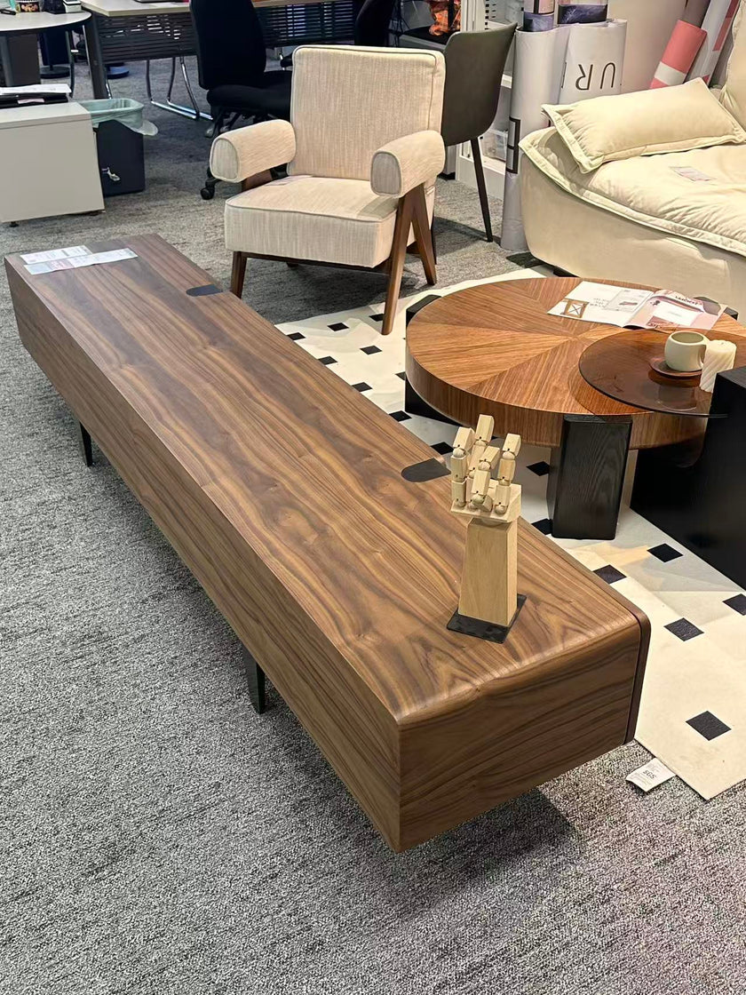 Walnut Grain TV Console with Drawers & Brushed Black Titanium Accents