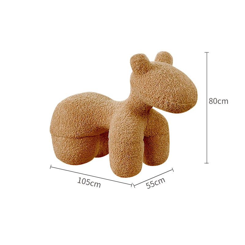 Brown plush toy with dimensions on a white background