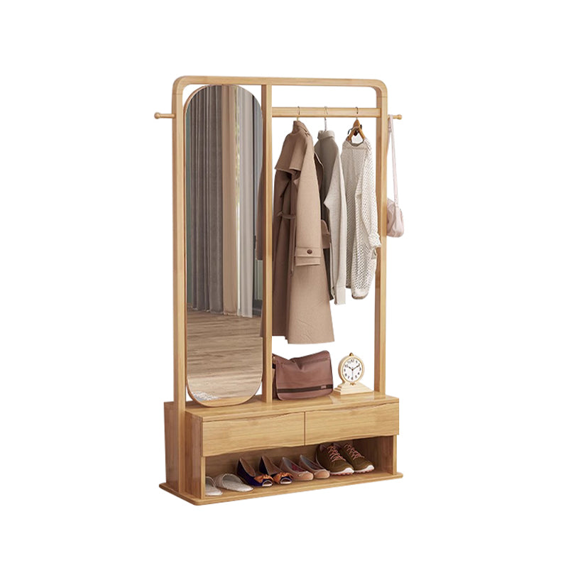 Original Wood Color With Dressing Mirror Solid Wood Combination Clothes Hanger