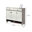 White shoe cabinet with dimensions labeled on a white background