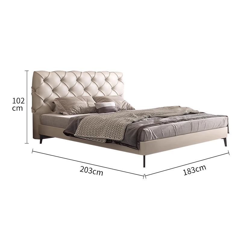 Off-White Genuine Leather Upholstered Bed with Diamond Tufting