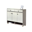 White sideboard with three doors and a drawer on a white background